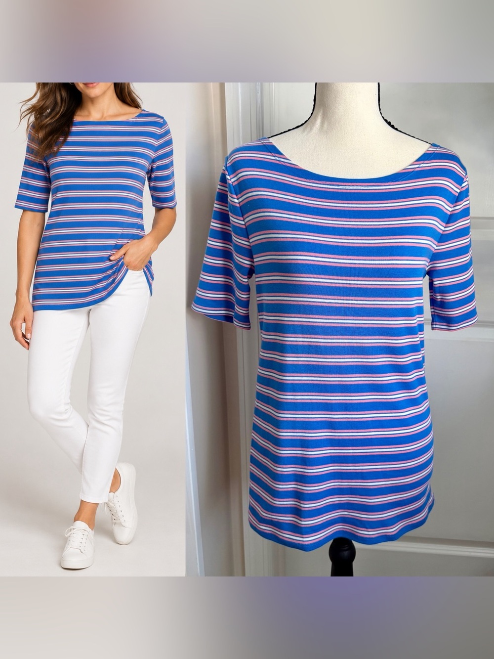 J. Crew Factory Perfect-Fit Open-Neck Tee Blue Pink Sz M